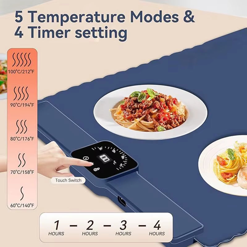 Food Warming Mat - Fast Heating Silicone Electric Warming Tray with 5 Level Temperature,Kitchen Food Warmers for Parties Buffet